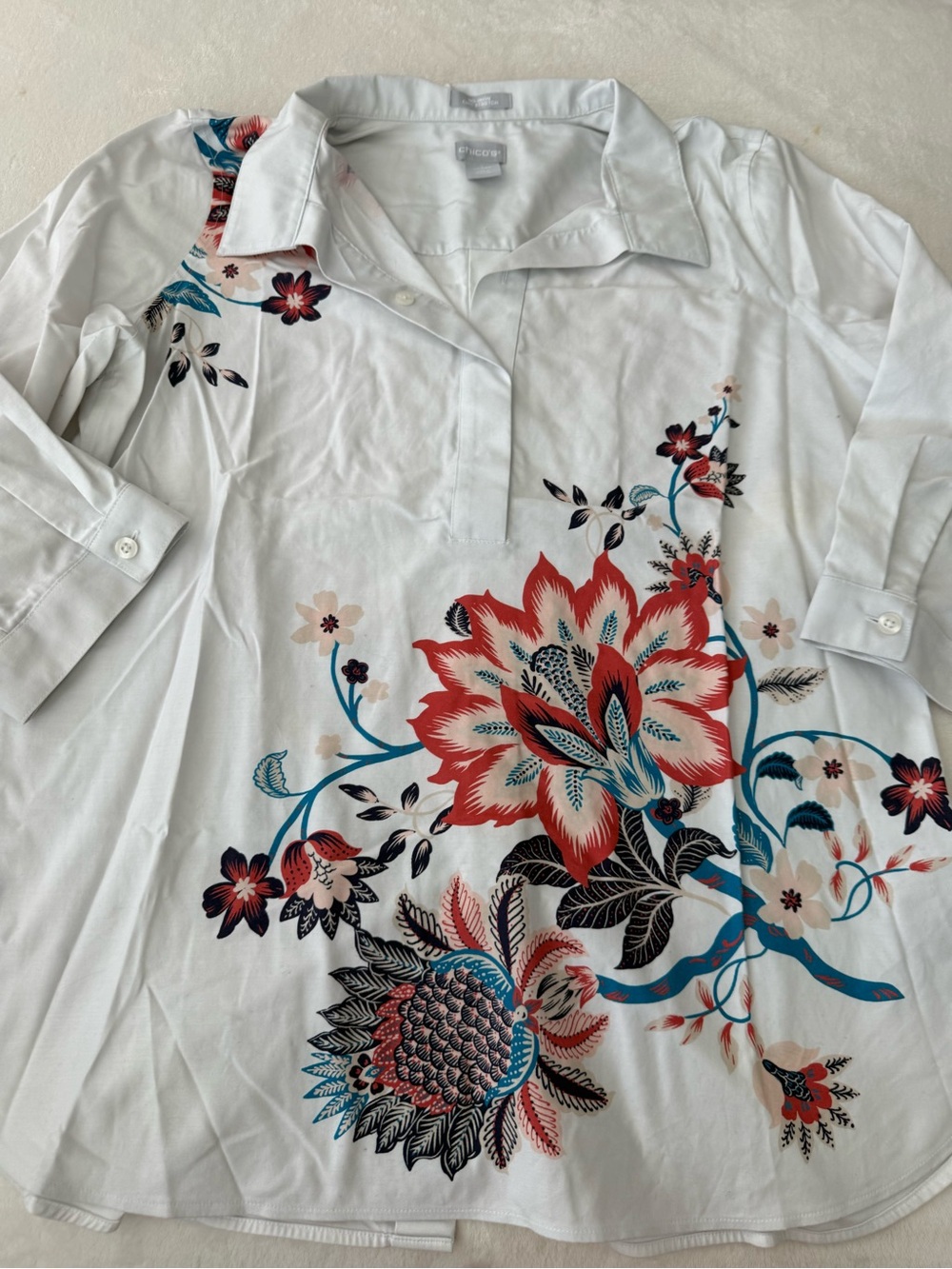 Chicos 1 Sz Medium No Iron Stretch Blanca Blossom Tunic LS Coral Zinnia D76